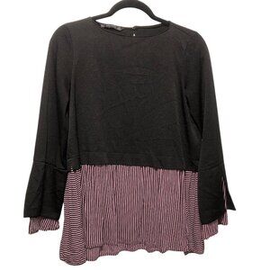 Zara Basic Black Round Neck Long Sleeve Striped Hem Top S